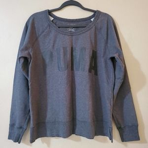 Puma Womens Pullover Crewneck Sweatshirt Size XL Gray Spellout Split Seams